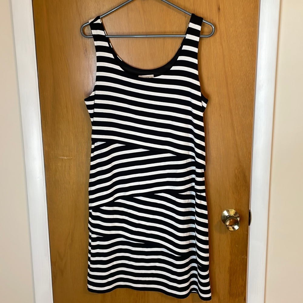 LOFT Womens Medium Dress Black and White Stripe Layered Panels Sleeveless